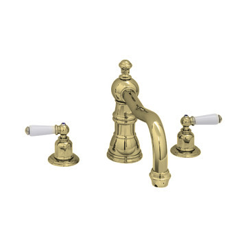 PERRIN & ROWE - Three hole bath set with country spout & porcelain levers in satin brass NZ193