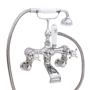 PERRIN & ROWE - Bath/shower mixer on wall unions with crossheads and handshower in cradle in Nickel NZ189