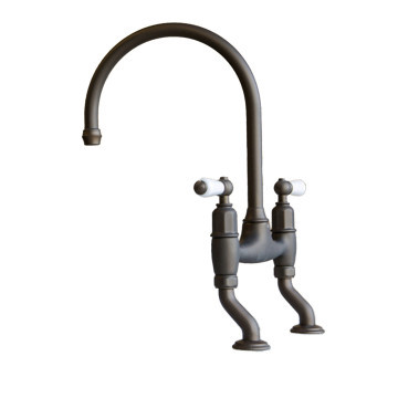 PERRIN & ROWE - Ionian 2 hole bench mounted mixer with white porcelain levers and offset legs in English Bronze NZ197